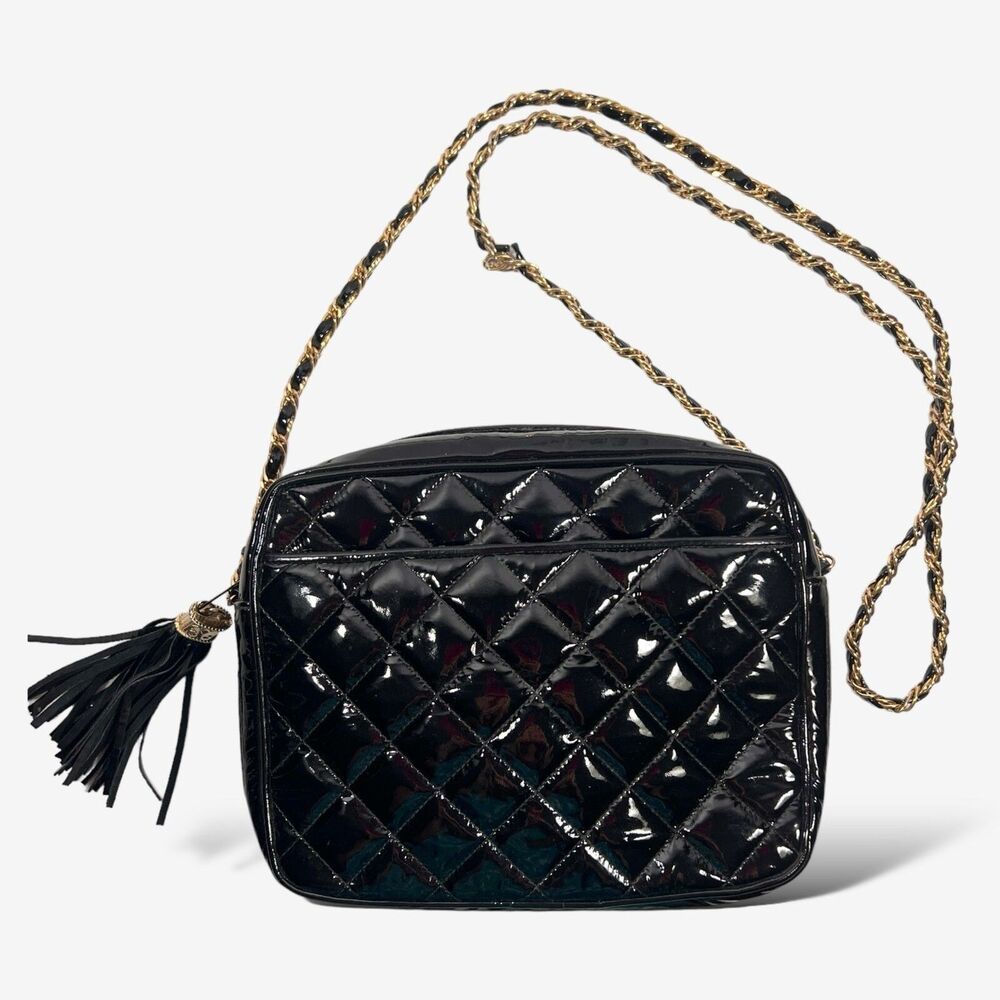 Jay Herbert VTG black patent leather crossbody  bag tassel  chain strap
